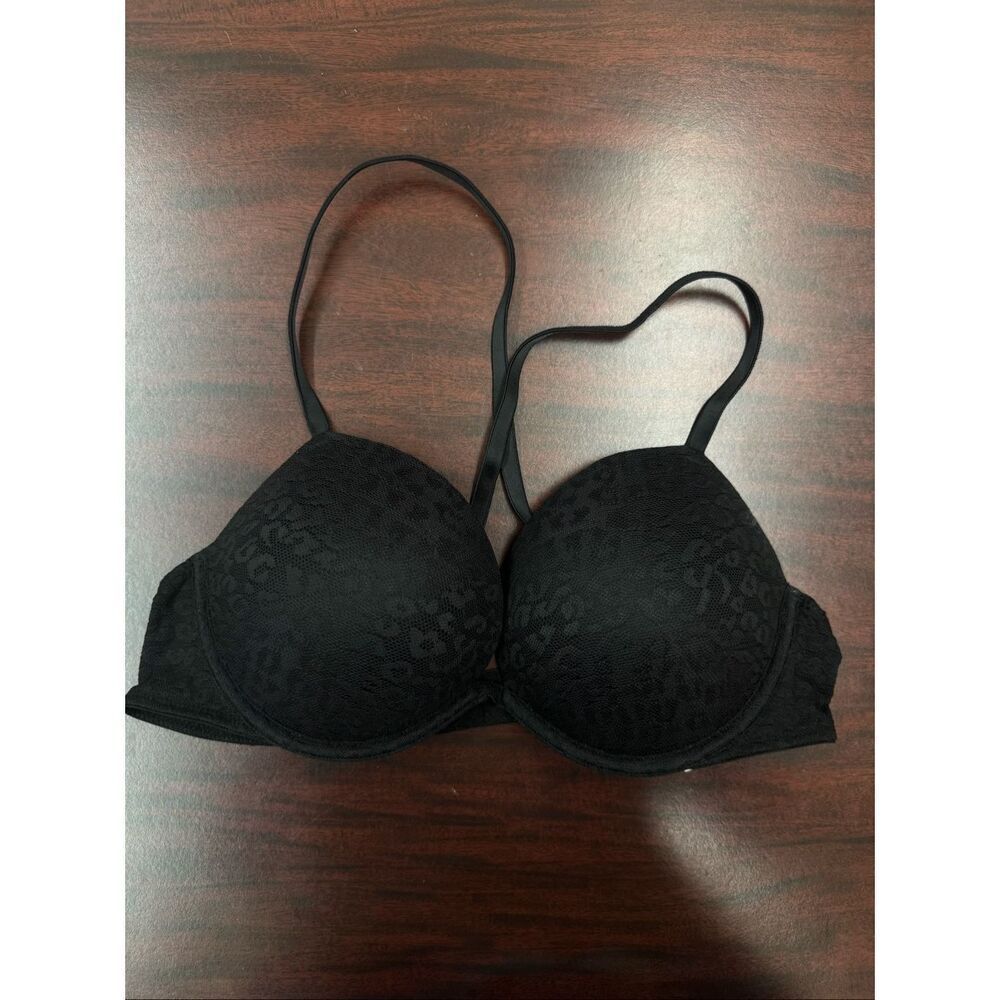 PINK Victoria’s Secret Black Leopard Lace Wear Everywhere Super Push Up Bra 36B